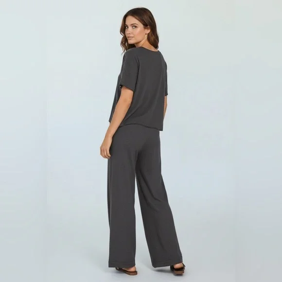 Zenana Washed Black Relaxed Slub Short Sleeve Top and Pants Set - Picture 2 of 3